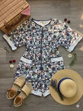 Cottagecore Romper/Swim Cover with Navy And White Polka Dot Trim